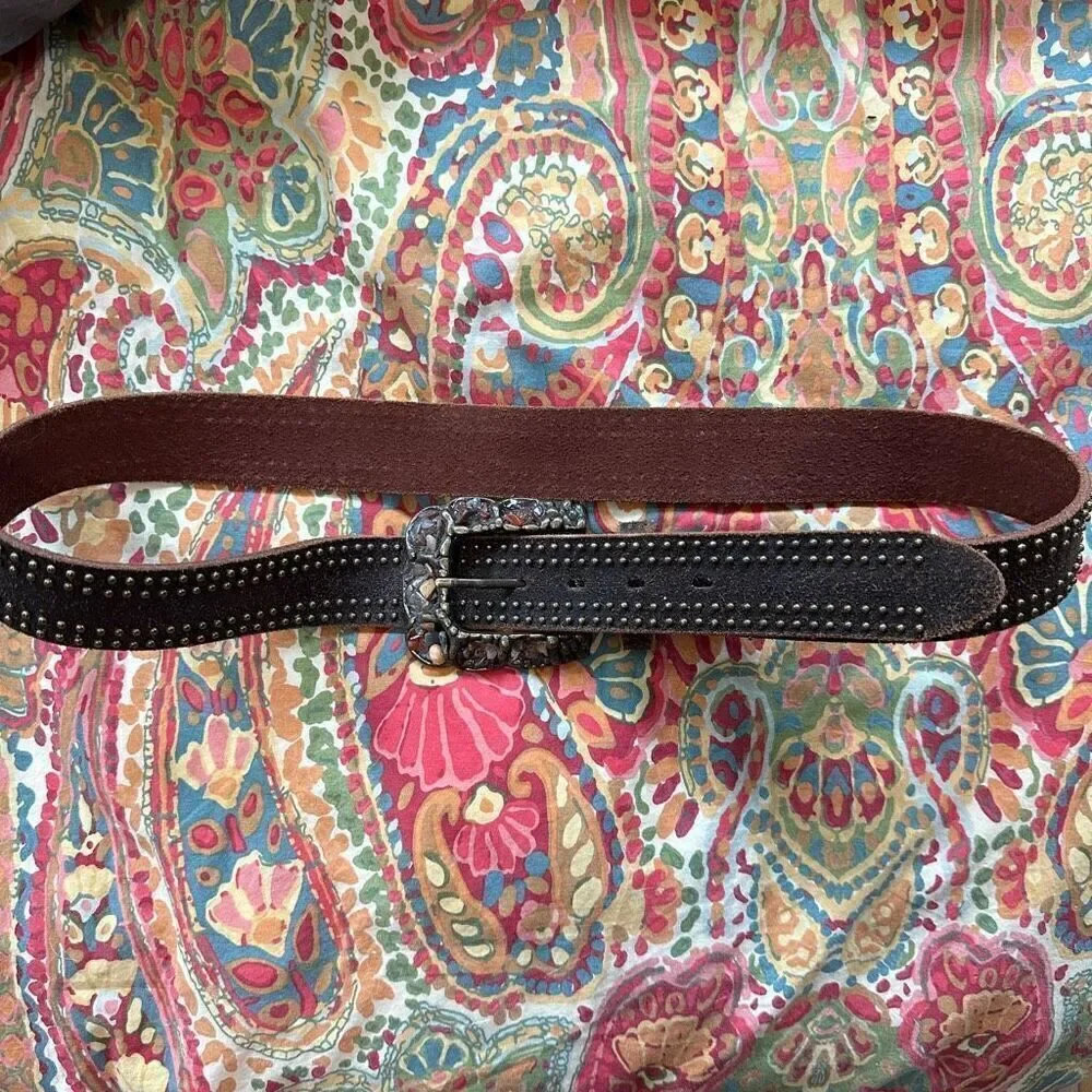 Brown leather belt with brass detail and rock buckle size m/l